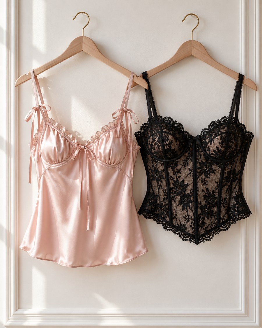 Blush satin and black lace tops hanging in a dressing room