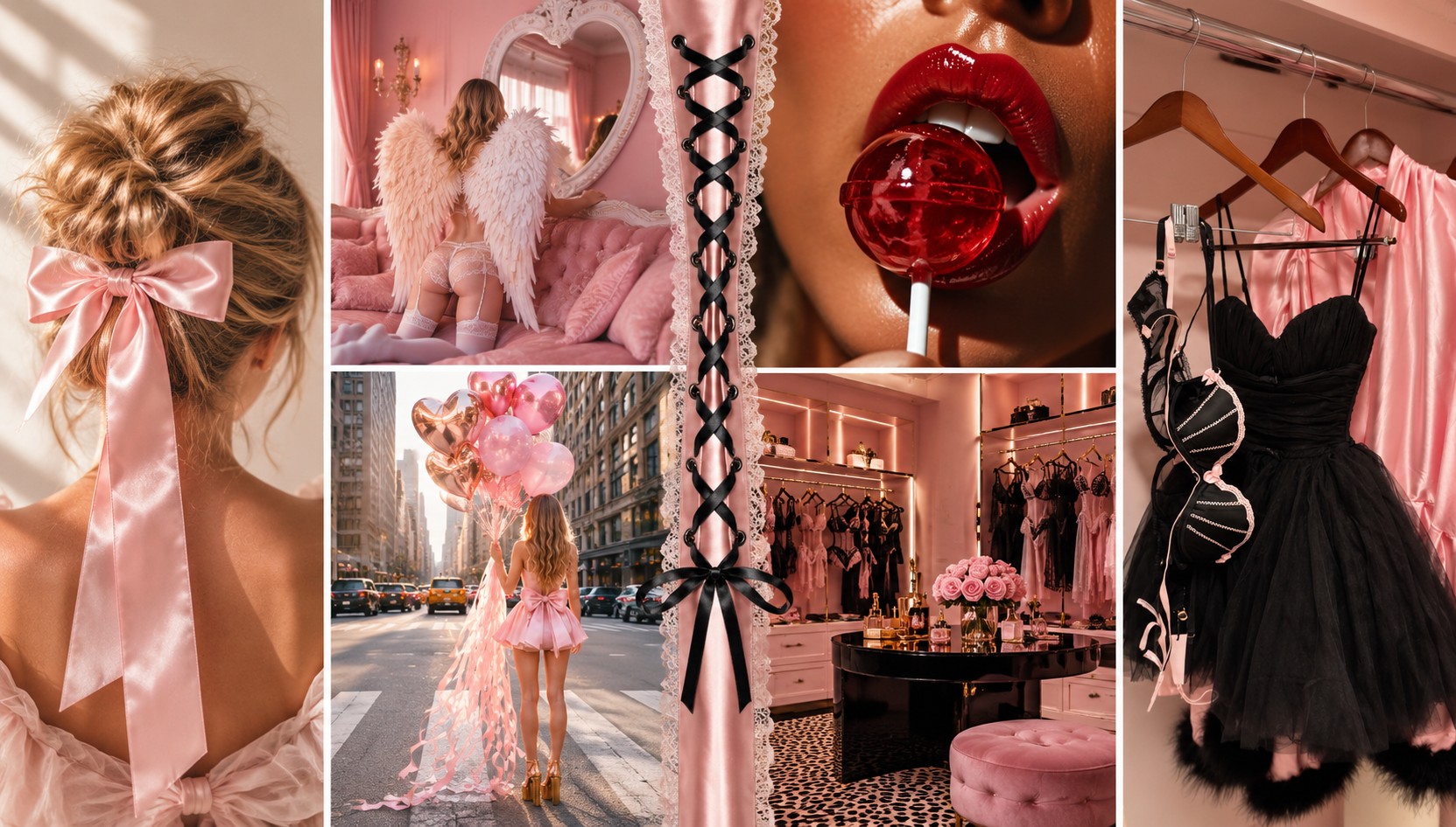 Bunny Ruffle Tail pink and noir fashion moodboard, with satin bows, romantic outfits and a ribbon-laced corset divider