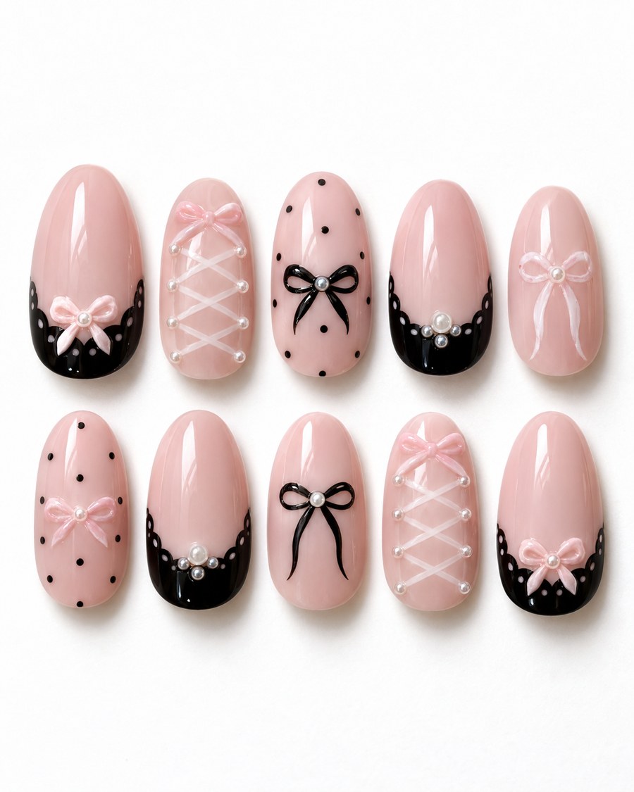Blush pink almond press-on nails with bows, black lace tips, corset lacing and pearls